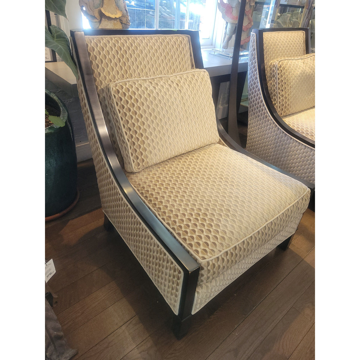PAIR of Custom Barbara Berry Collection Lounge Chairs by Baker w/ Larsen Fabric - colletteconsignment.com