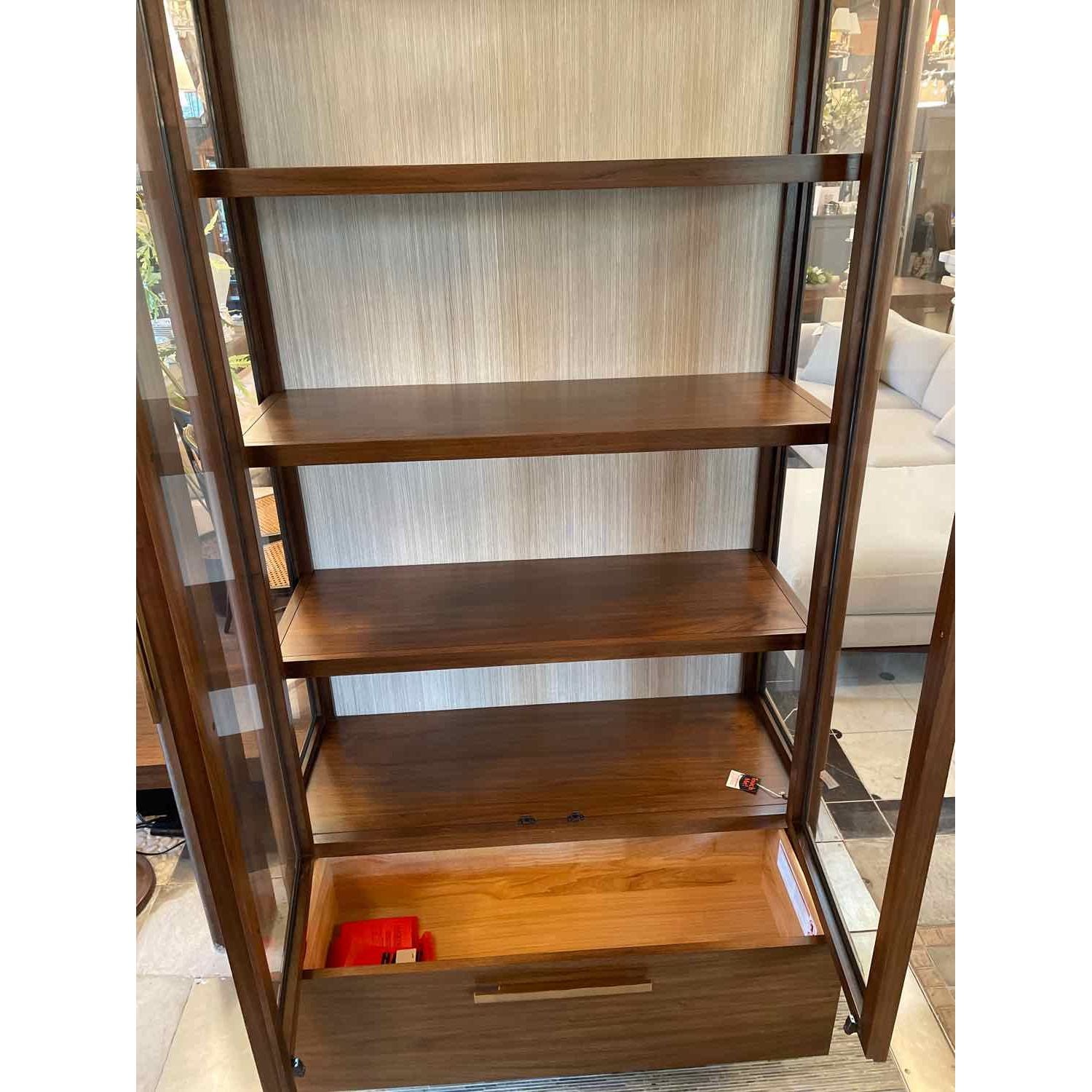 Walnut Eleana Cabinet w/ Beveled Glass Panel Doors & LED Lighting by Hooker