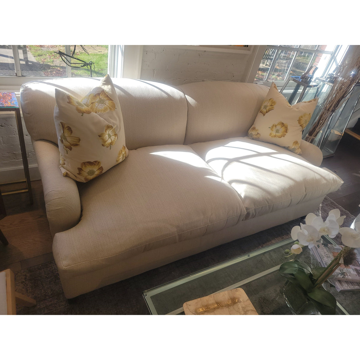 Custom Upholstered Ecru Chevron Pattern Queen-Sized Sleeper Sofa by George Smith - colletteconsignment.com