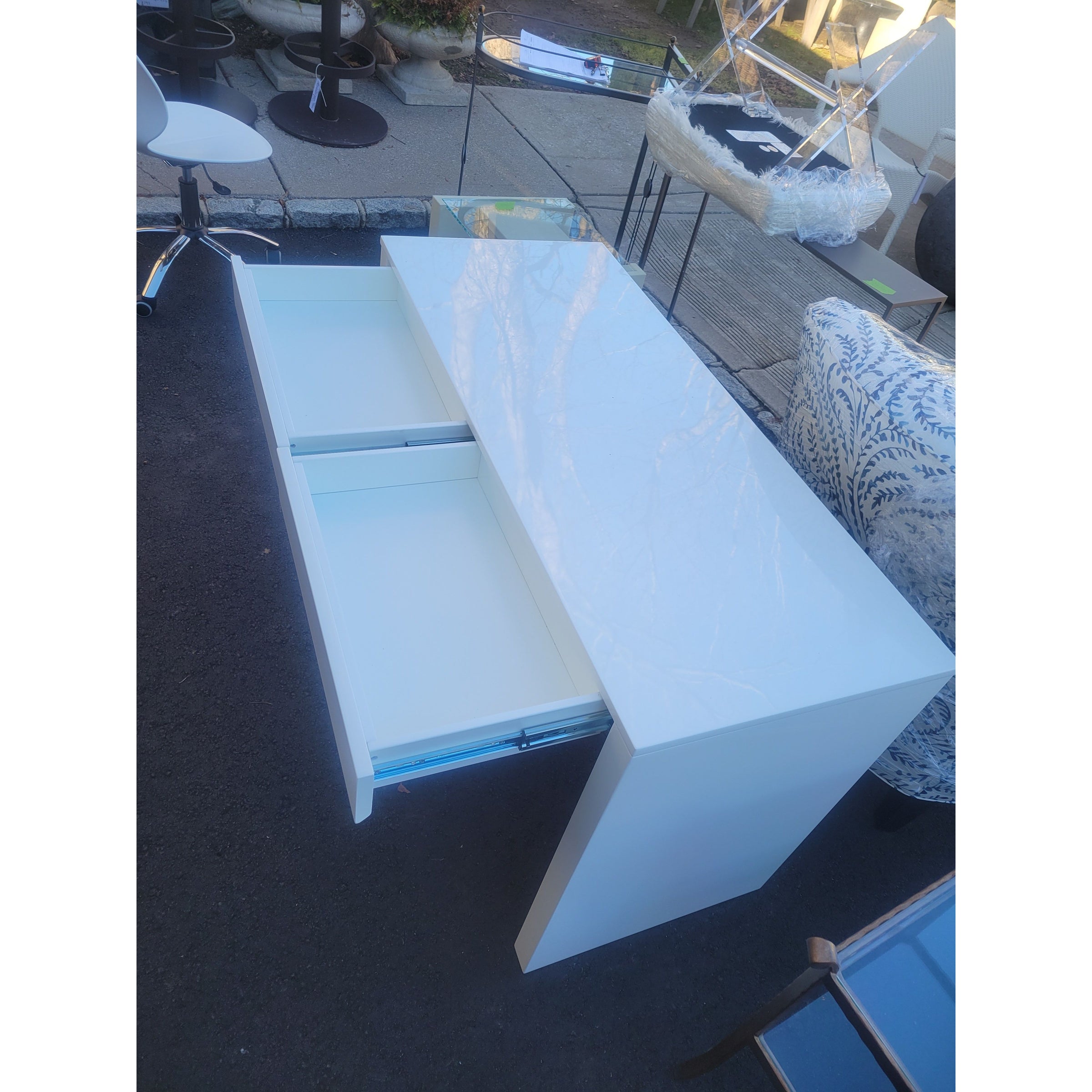 4-ft White Lacquer Runway Desk w/ 2 Drawers