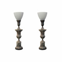 PAIR of Vintage Silver Plated Trophy Table Lamps w/ Milk Glass Shades