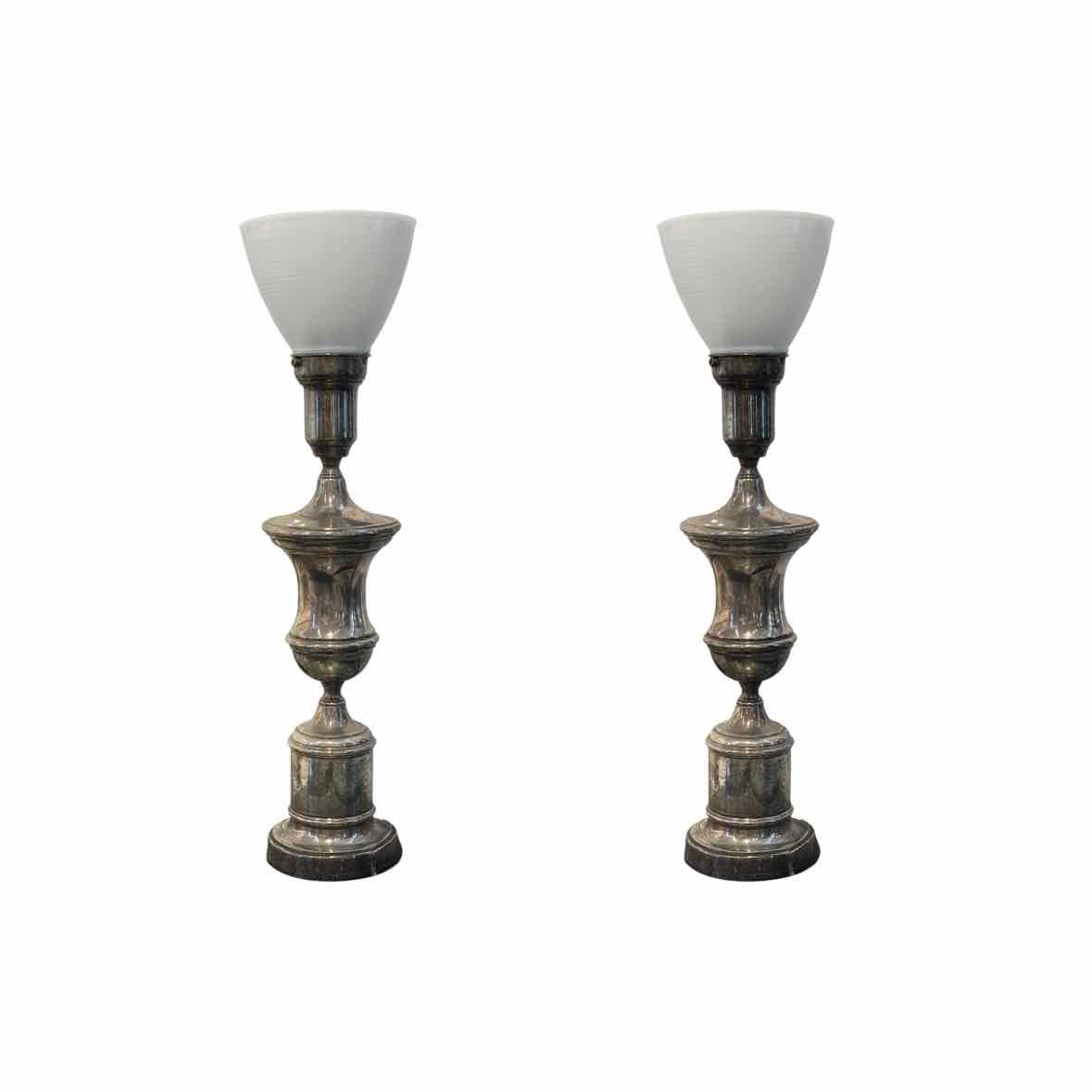 PAIR of Vintage Silver Plated Trophy Table Lamps w/ Milk Glass Shades