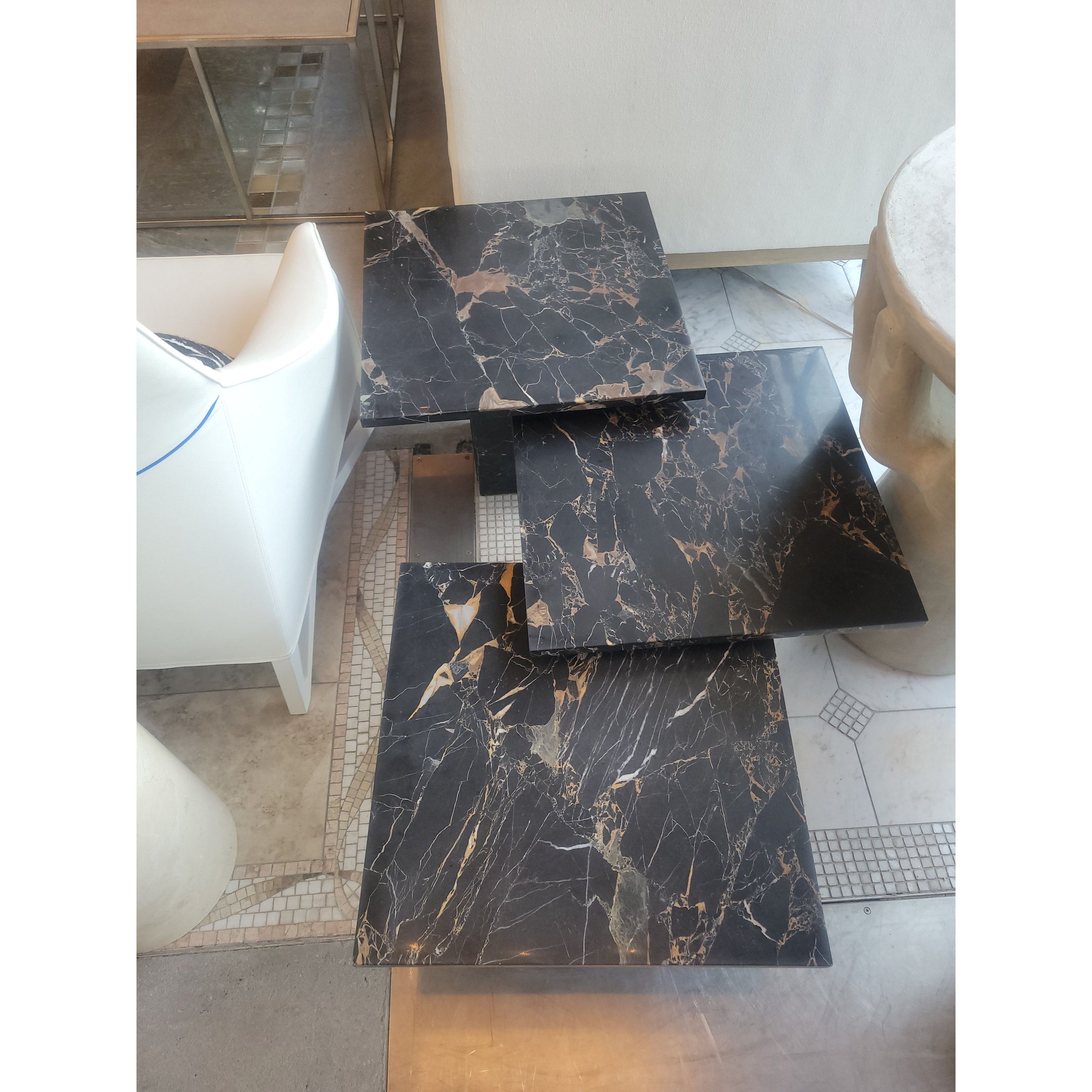 SET of 3 Fluted Black Marble Nesting Tables (AS IS)