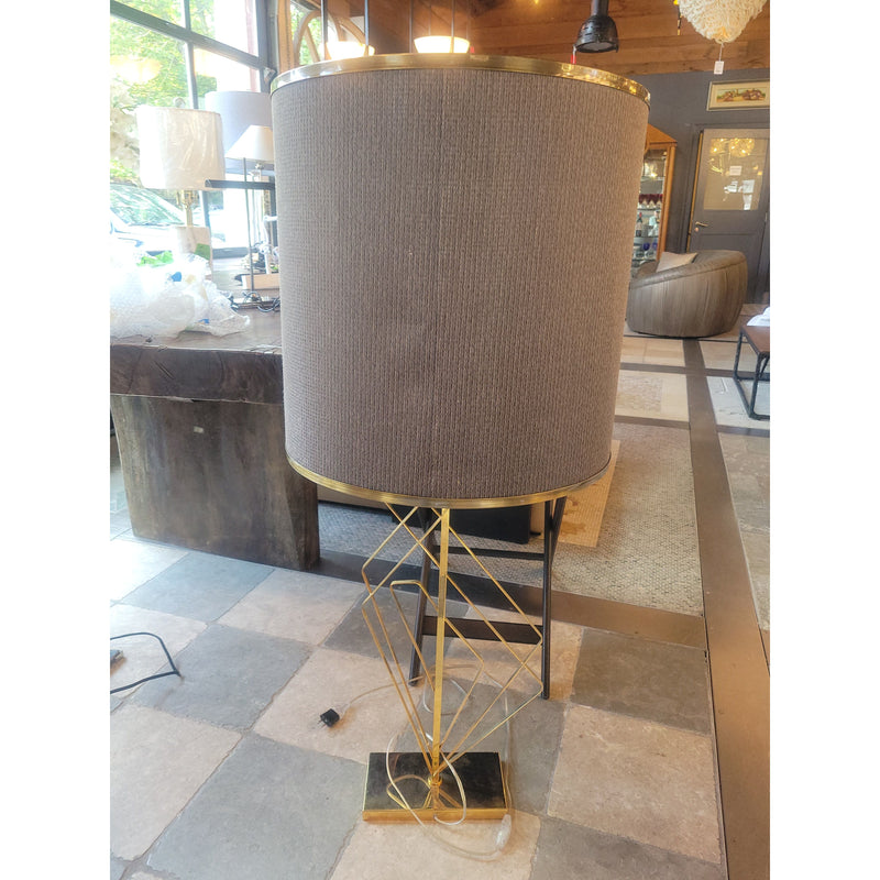XL Shiny Brass Table Lamp w/ Dark Gray & Brass Shade