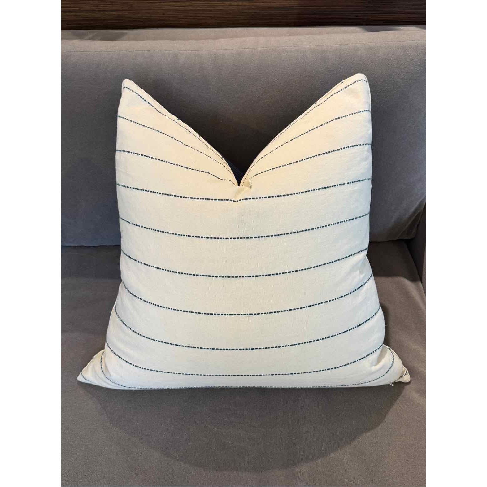 Pair of Custom Linen Pillows with/ Blue Stripe and Navy Blue Backing with Down I
