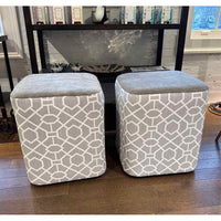 Custom Square Gray Geometric Pattern Ottoman w/ Mohair Seat - colletteconsignment.com