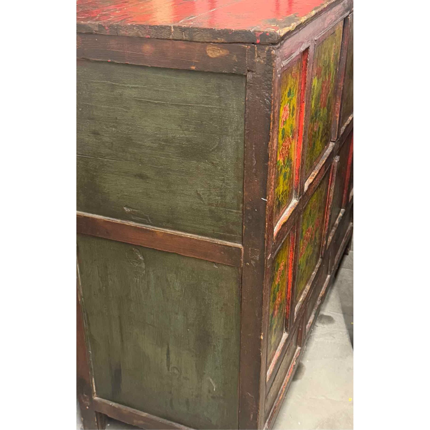 Antique Tibetan Wood Cabinet w/ Hand-Painted Red Top & Flower Motif Doors