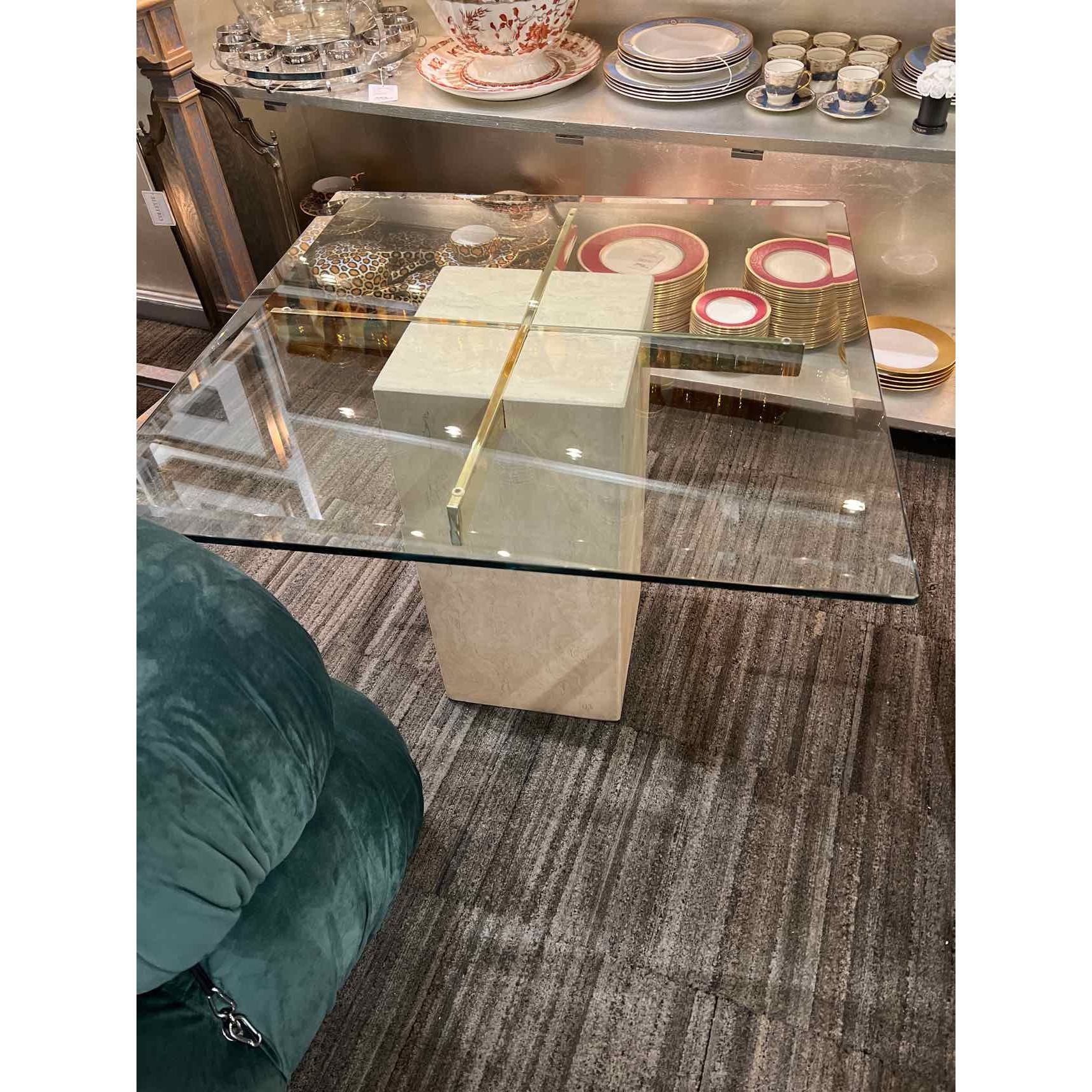 Travertine and Brass Side Table w/ Square Beveled Glass Top