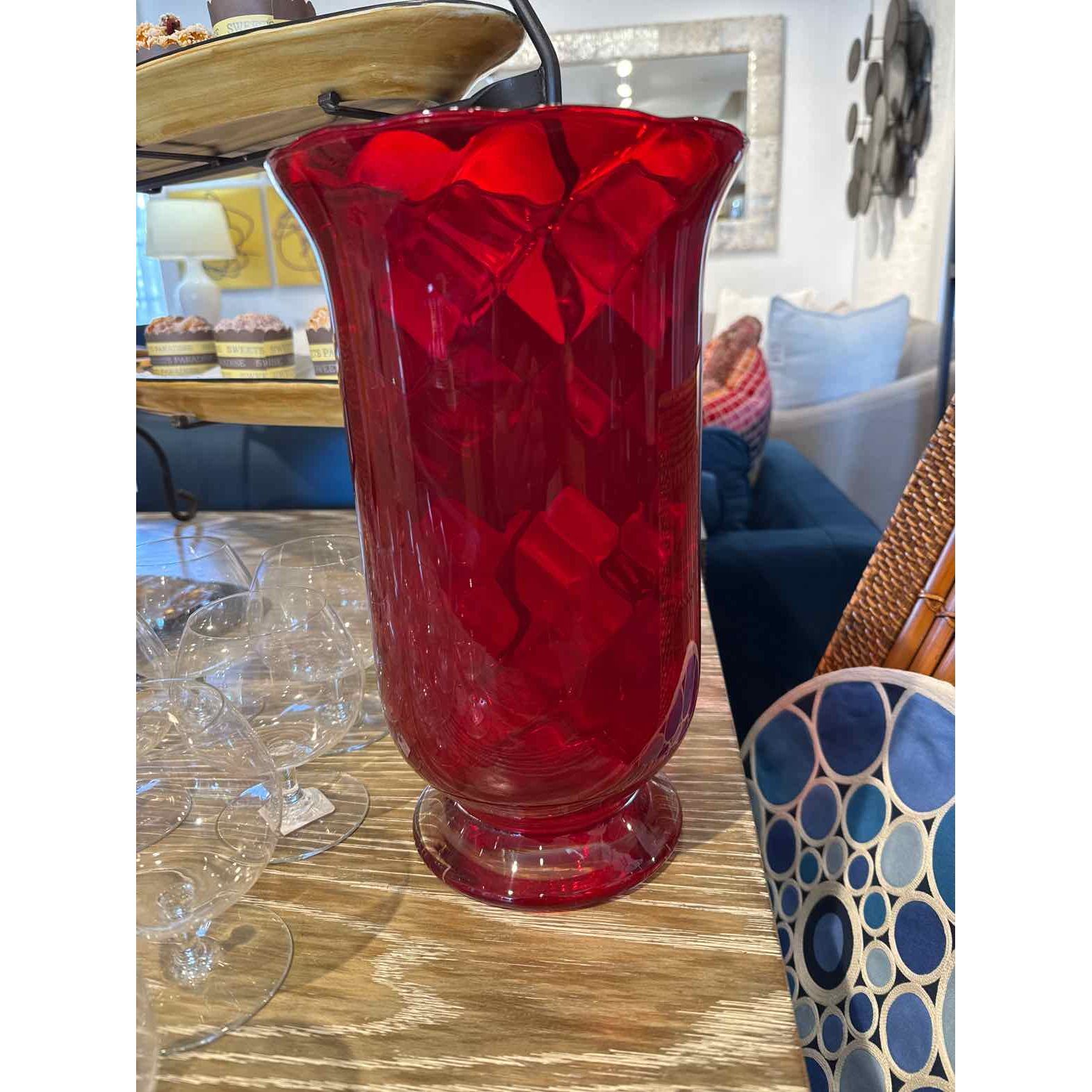 Large Red Glass Hurricane, 7.5 Dia x 12"H