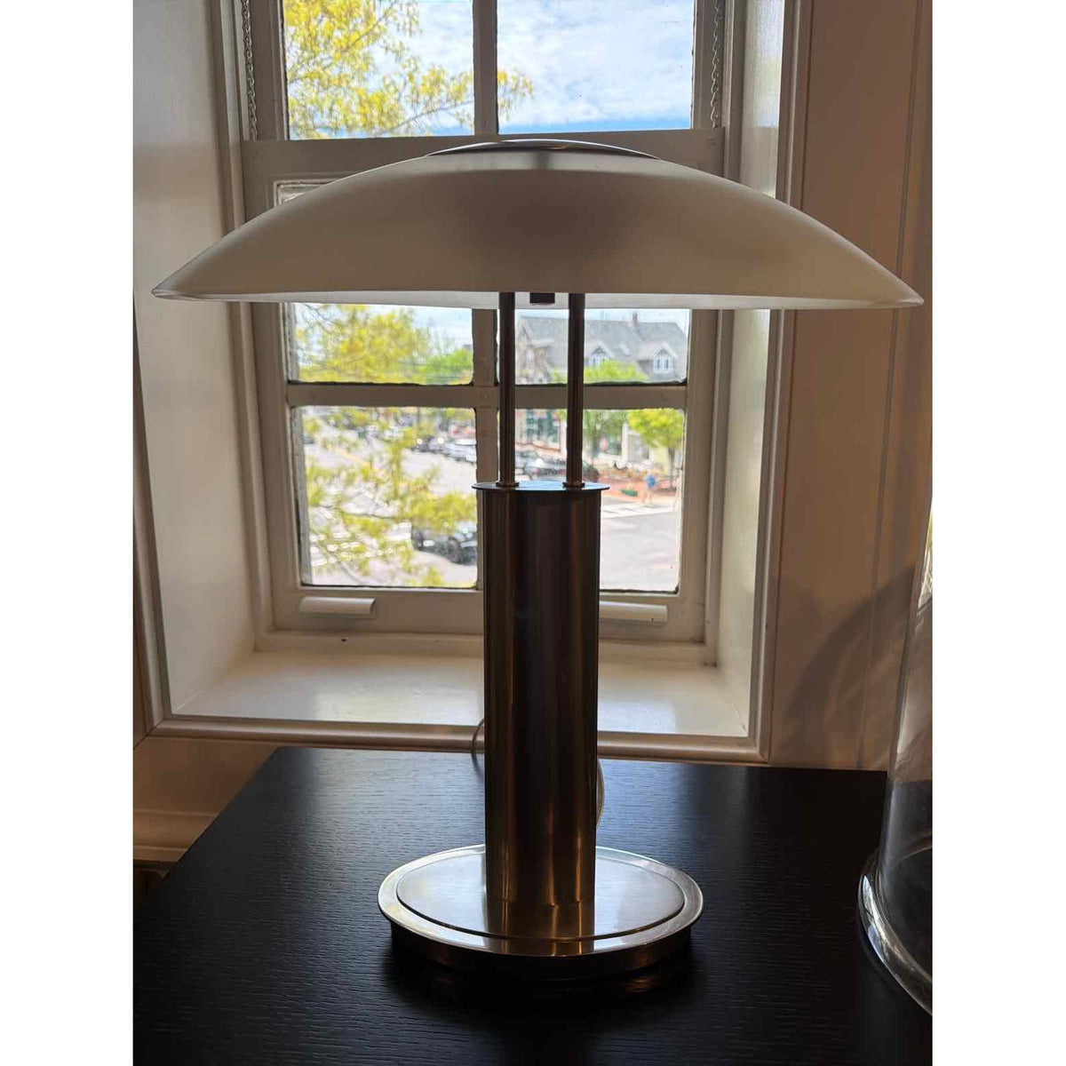 PAIR of Nickel Table Lamps w/ Canoe Shaped Frosted Glass Shades - colletteconsignment.com