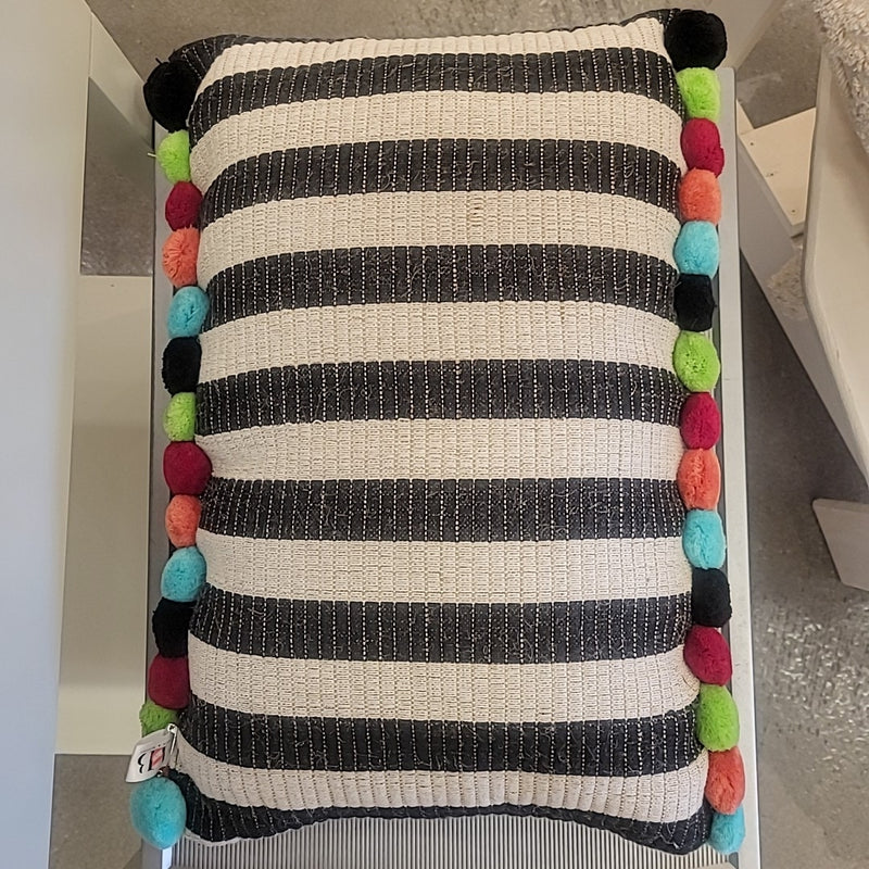 Black & Cream Striped Lumbar Pillow w/ Colorful Pompoms by America & Beyond