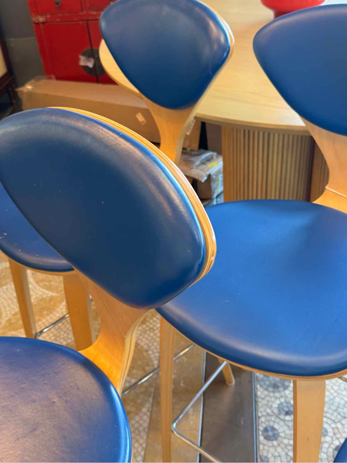 PAIR of Blue Leather & Wood Counter Stools by Cherner (AS IS)