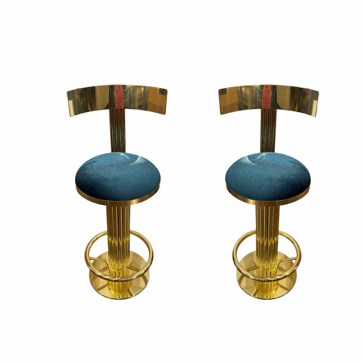 PAIR of Custom Polished Brass Bar Stools w/ Cowhide Seat - AS IS