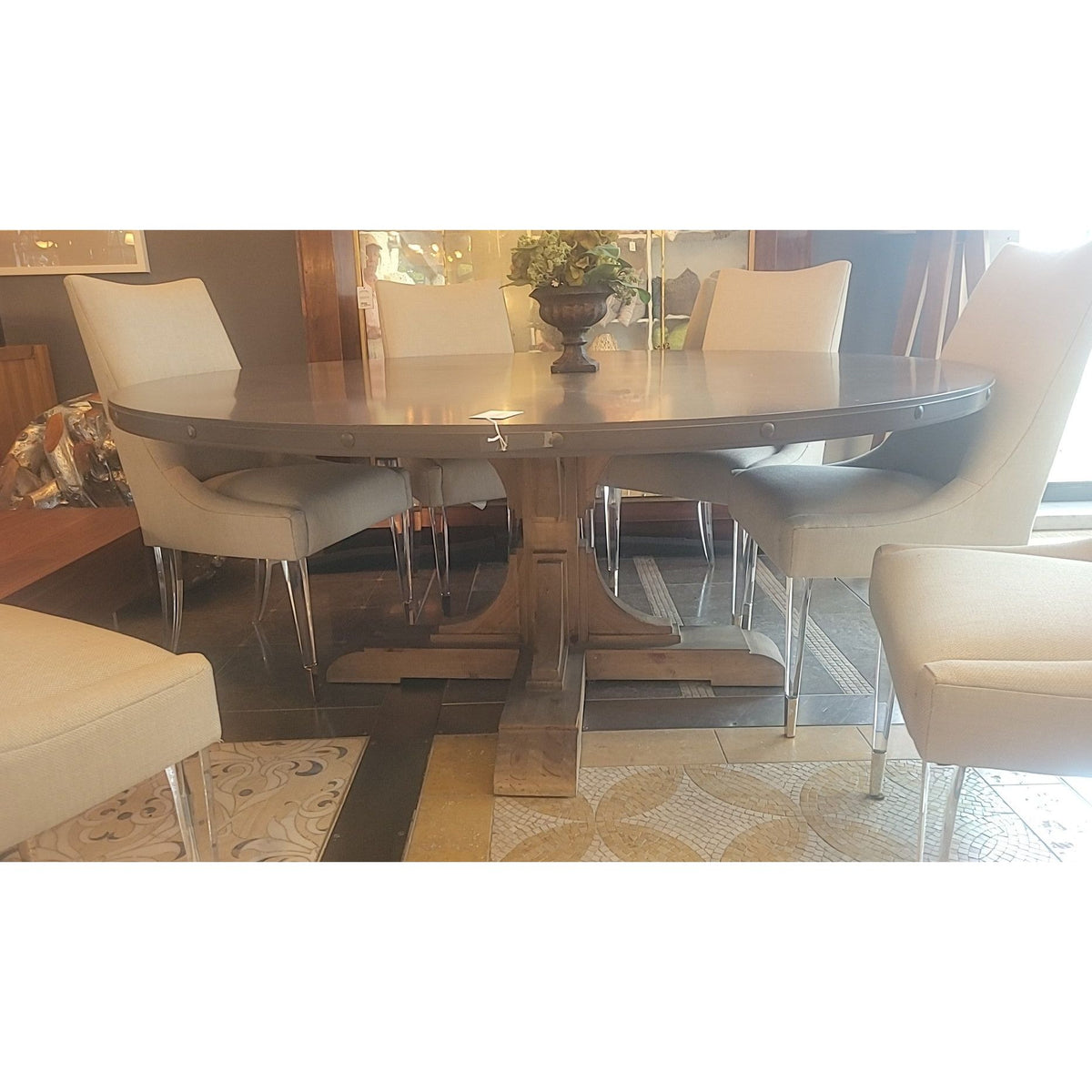 Round Reclaimed Pine & Zinc Trestle Dining Table by RH