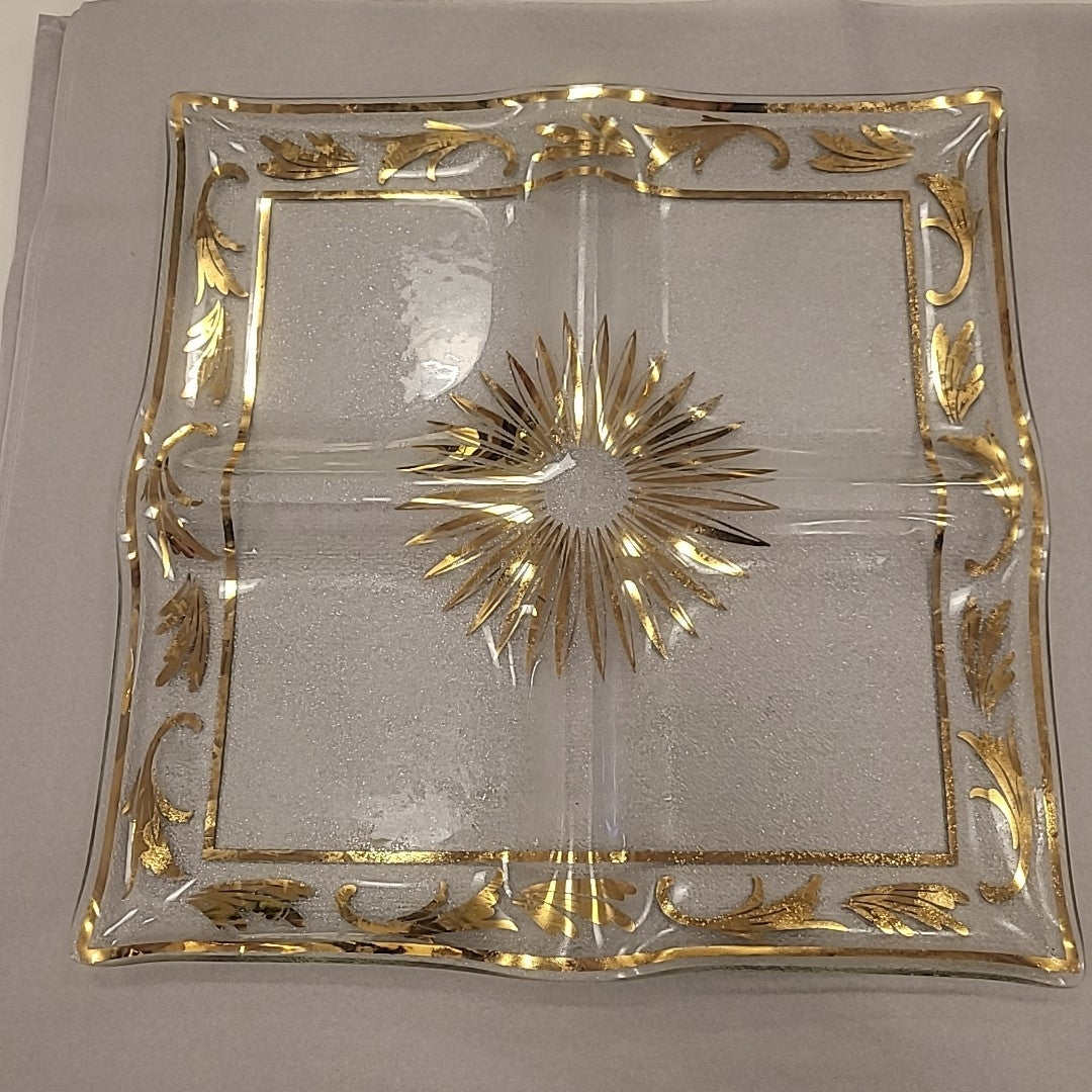 MCM Daisy Gold Glass 4-Section Square Platter