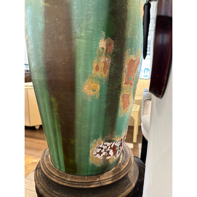 Large Antique Glazed Green & Brown Terracotta Vase - AS IS