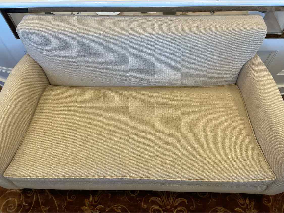 Custom Tan Chenille 2-Seat Sofa w/ Dark Wood Legs