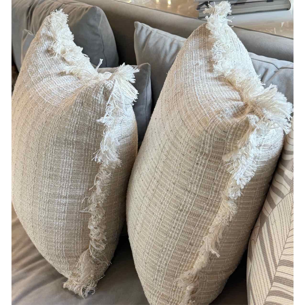 PAIR of Beige Fringe Throw Pillows by Magaschoni