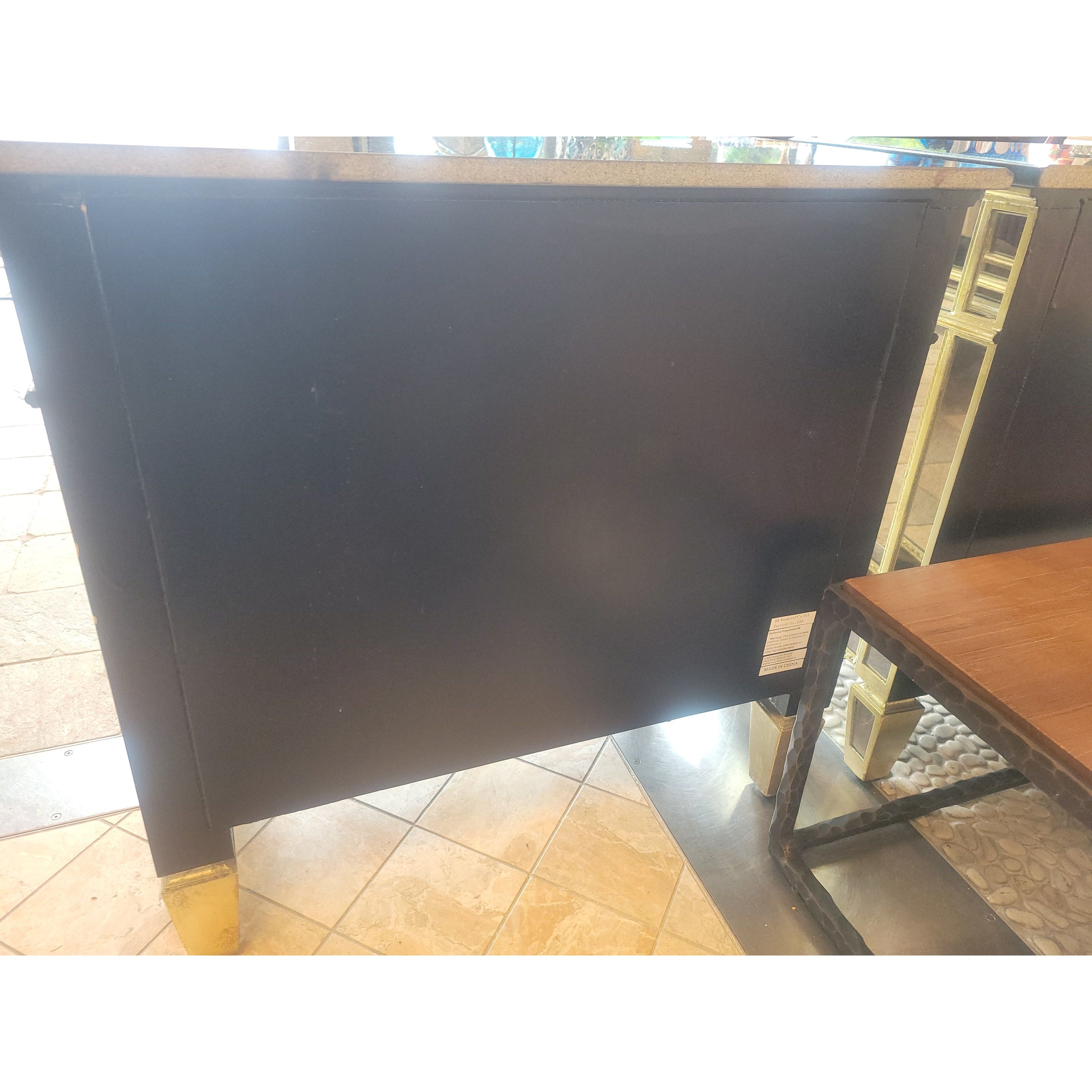 PAIR of Mirrored Glass Nightstands w/ Black Stone Tops (AS IS)