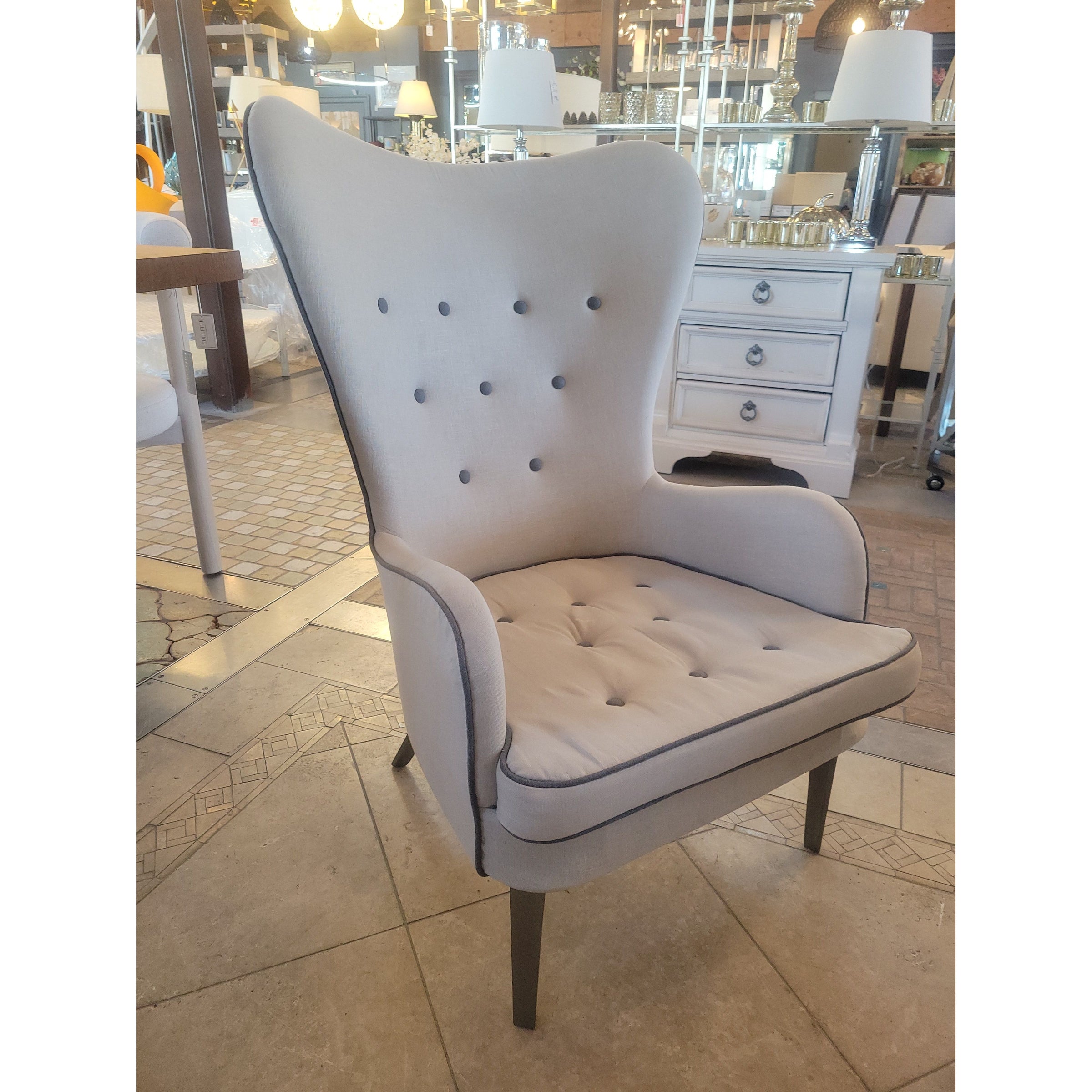 Custom Buttoned High Wingback Arm Chair w/ Piping by Chelsea Textiles - colletteconsignment.com