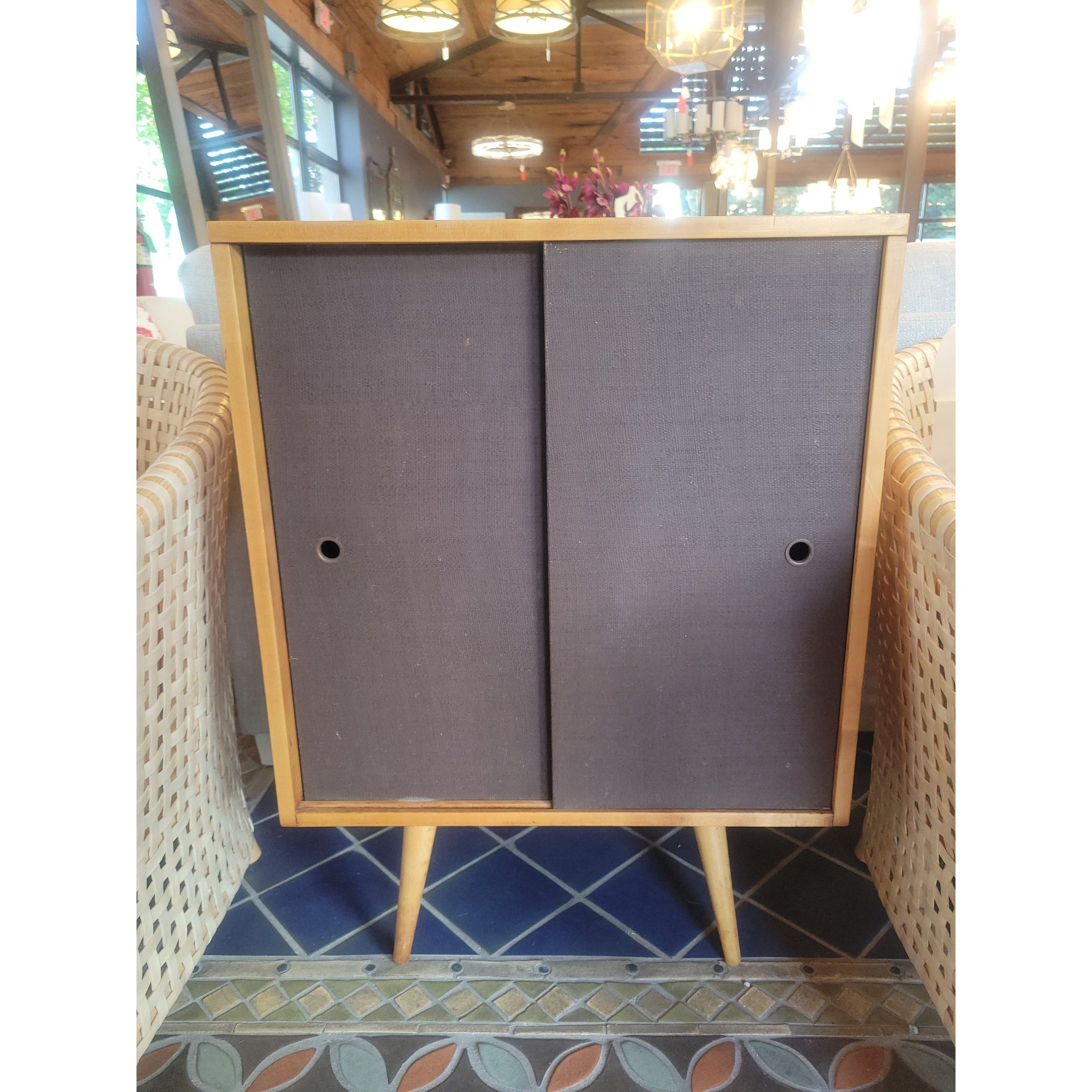 2-ft Mid-Century Maple Cabinet w/ Sliding Grasscloth Doors by Paul McCobb