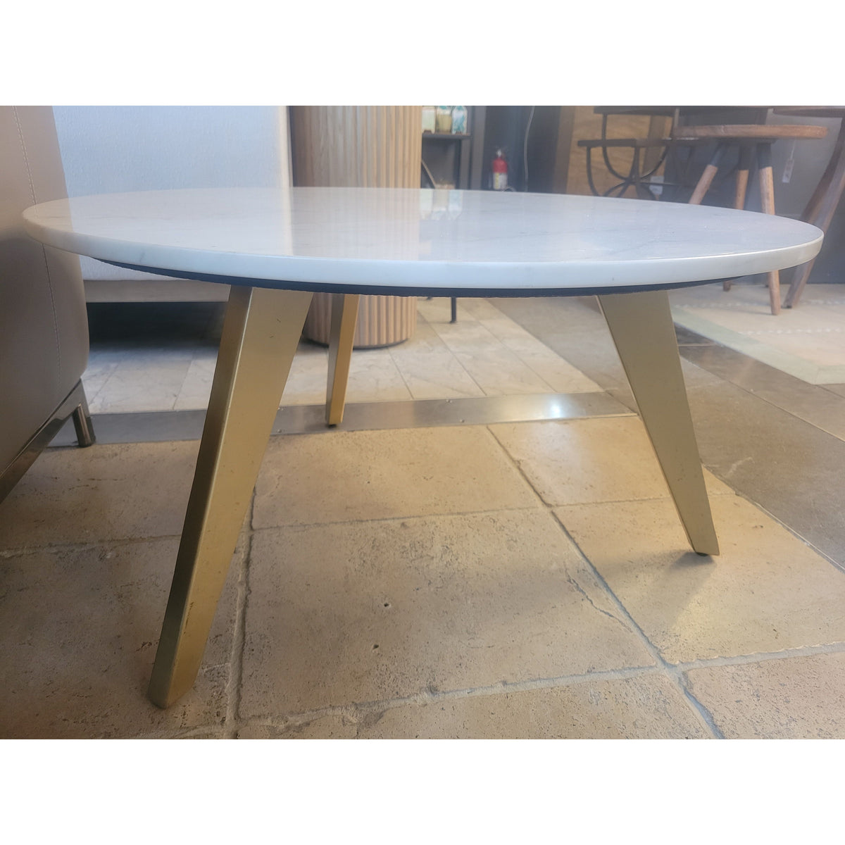 Round White Marble Top Coffee Table w/ Wood Legs - colletteconsignment.com