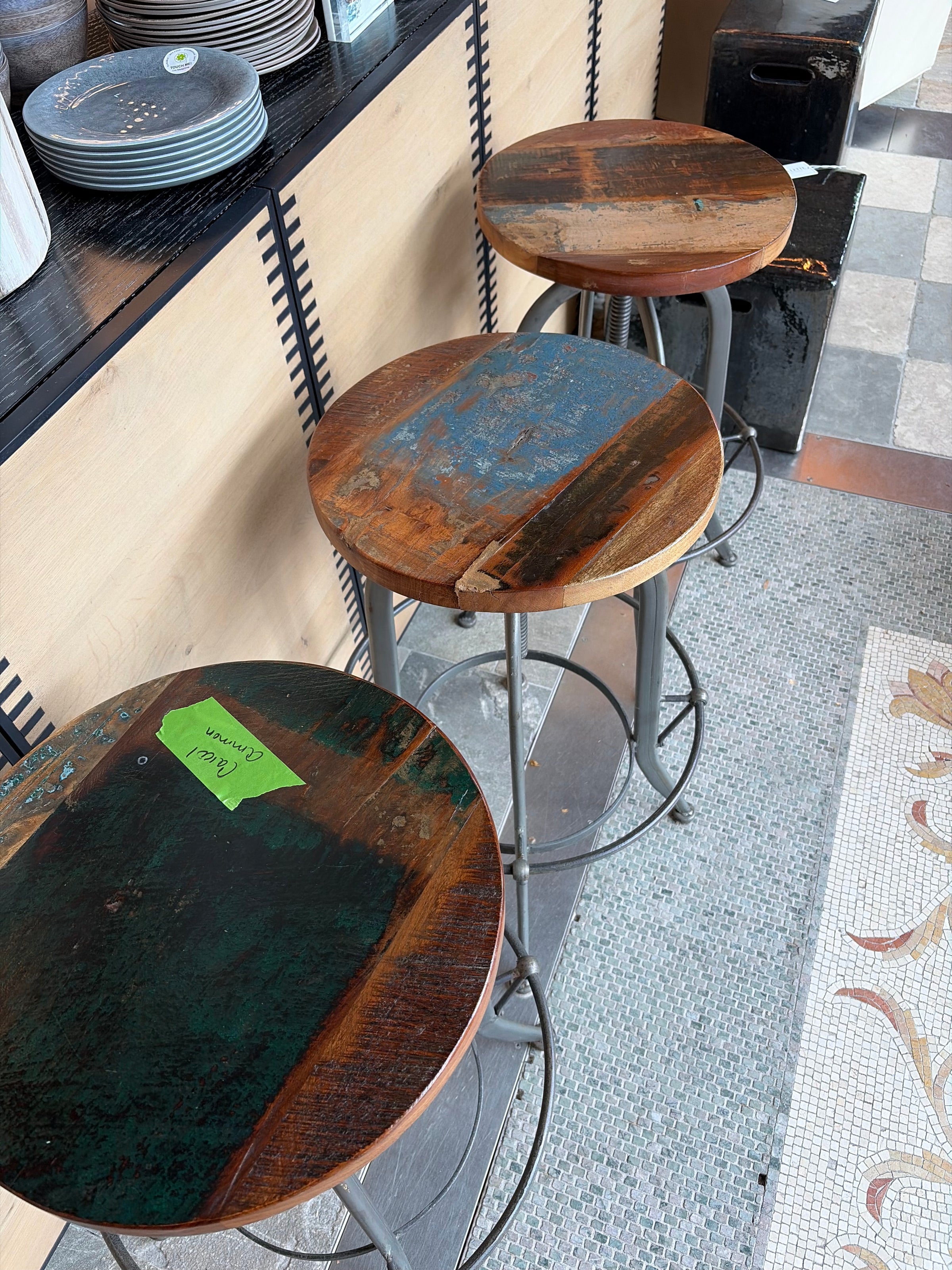 SET of 3 Round Wood & Iron Adjustable Bar Stools (AS IS)