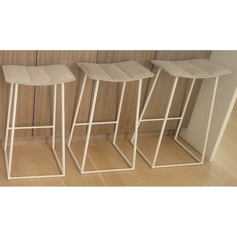 SET of 3 White Metal Counter Stools w/ Gray Seats