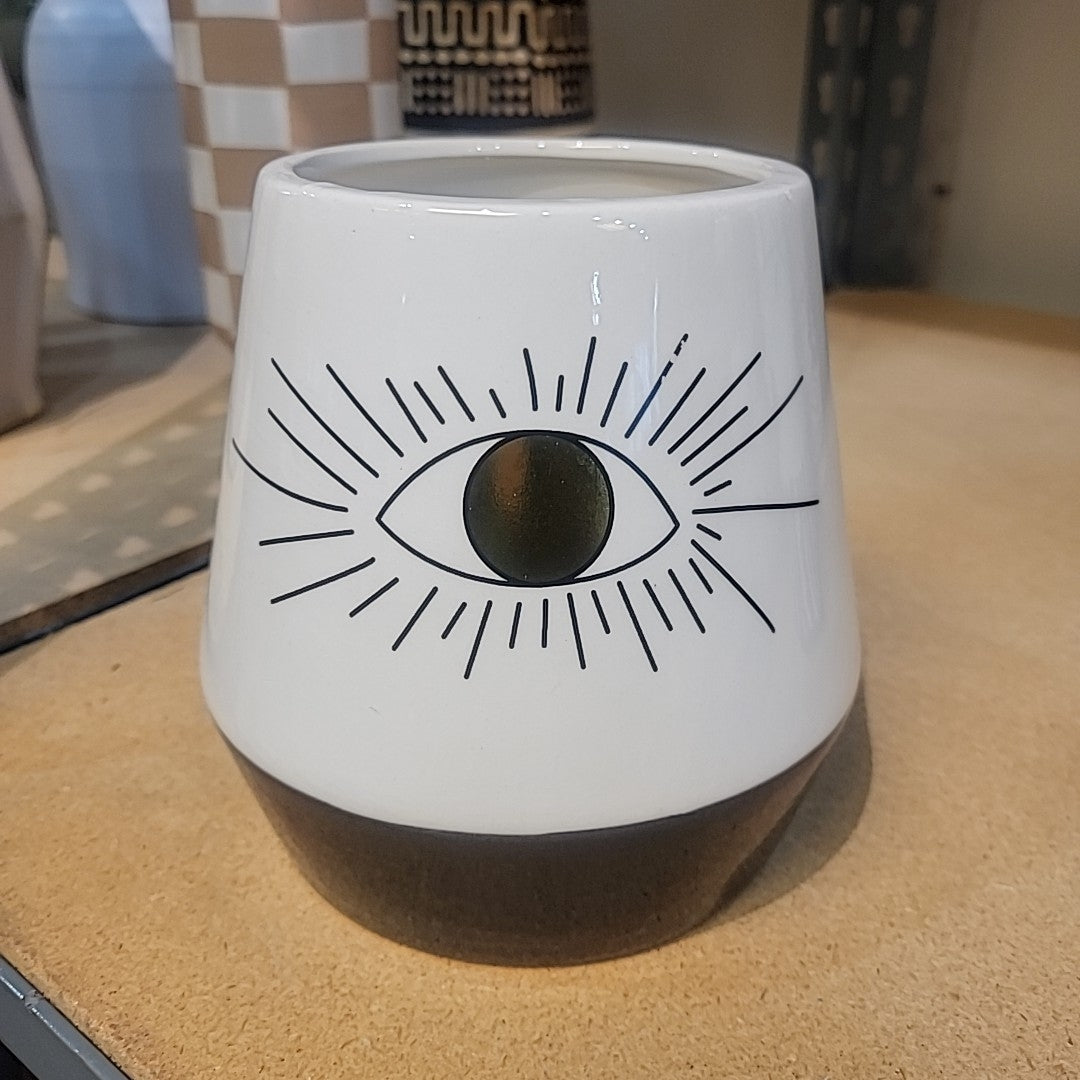 Glazed White & Black All-Seeing Eye Decorative Pot