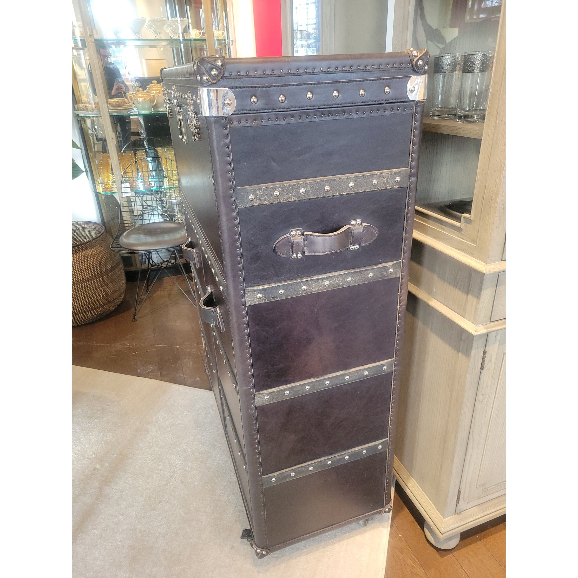 Vintage Black Leather & Steel 'Mayfair' Steamer Trunk Rolling Bar by RH - colletteconsignment.com