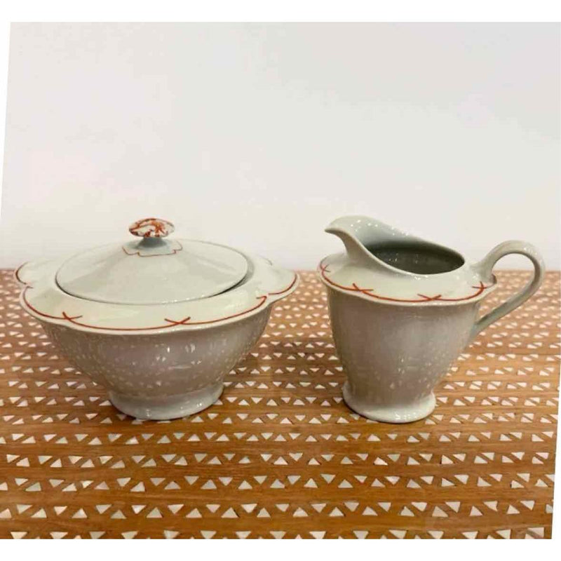 AntiqFrench Limoges Creamer & Sugar Celadon w/ Orange Design, 11"L x 5"W x 4.25H