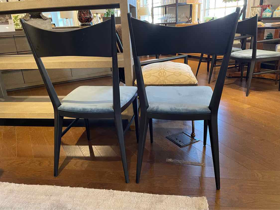SET of 8 Black Wood Dining Chairs w/ Blue Velvet Seats by Paul McCobb