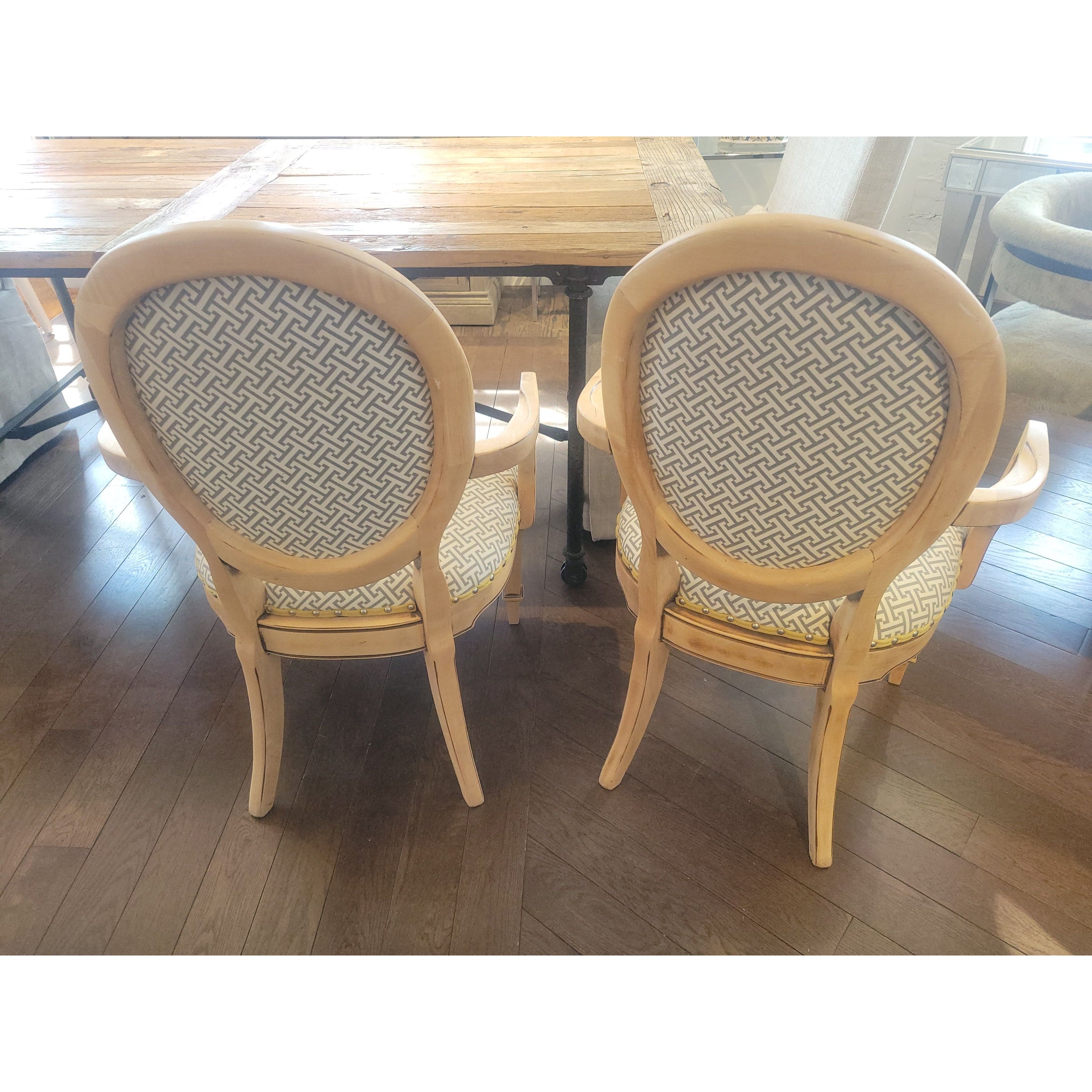 PAIR of Louis XVI Style Medallion Back Chairs w/ Sayagata Pattern Fabric (AS IS)