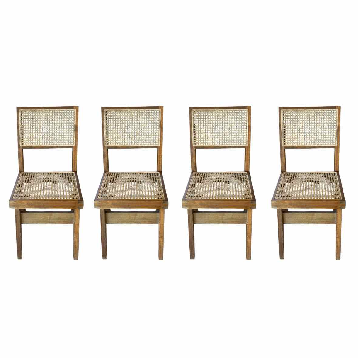 SET of 4 Acacia Wood & Rattan Cane Dining Chairs