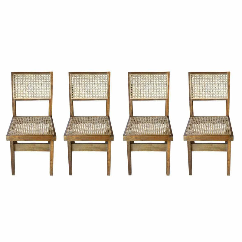 SET of 4 Acacia Wood & Rattan Cane Dining Chairs