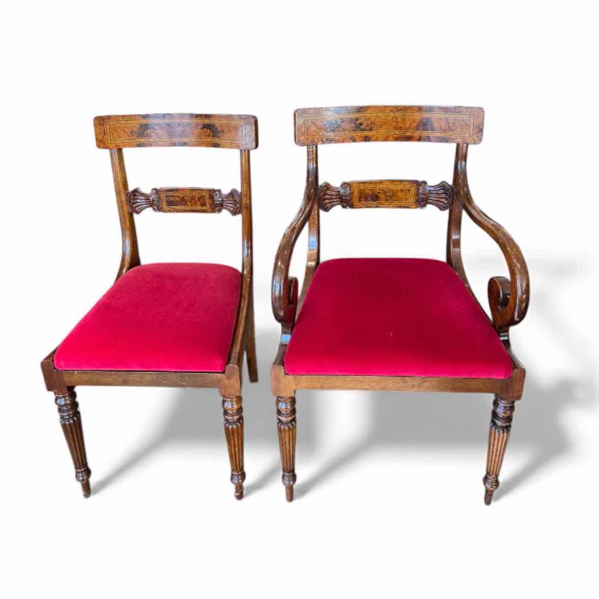 Set of 12 Regency Style Italian Wood King Dining Chairs w/ Red Velvet & Cane