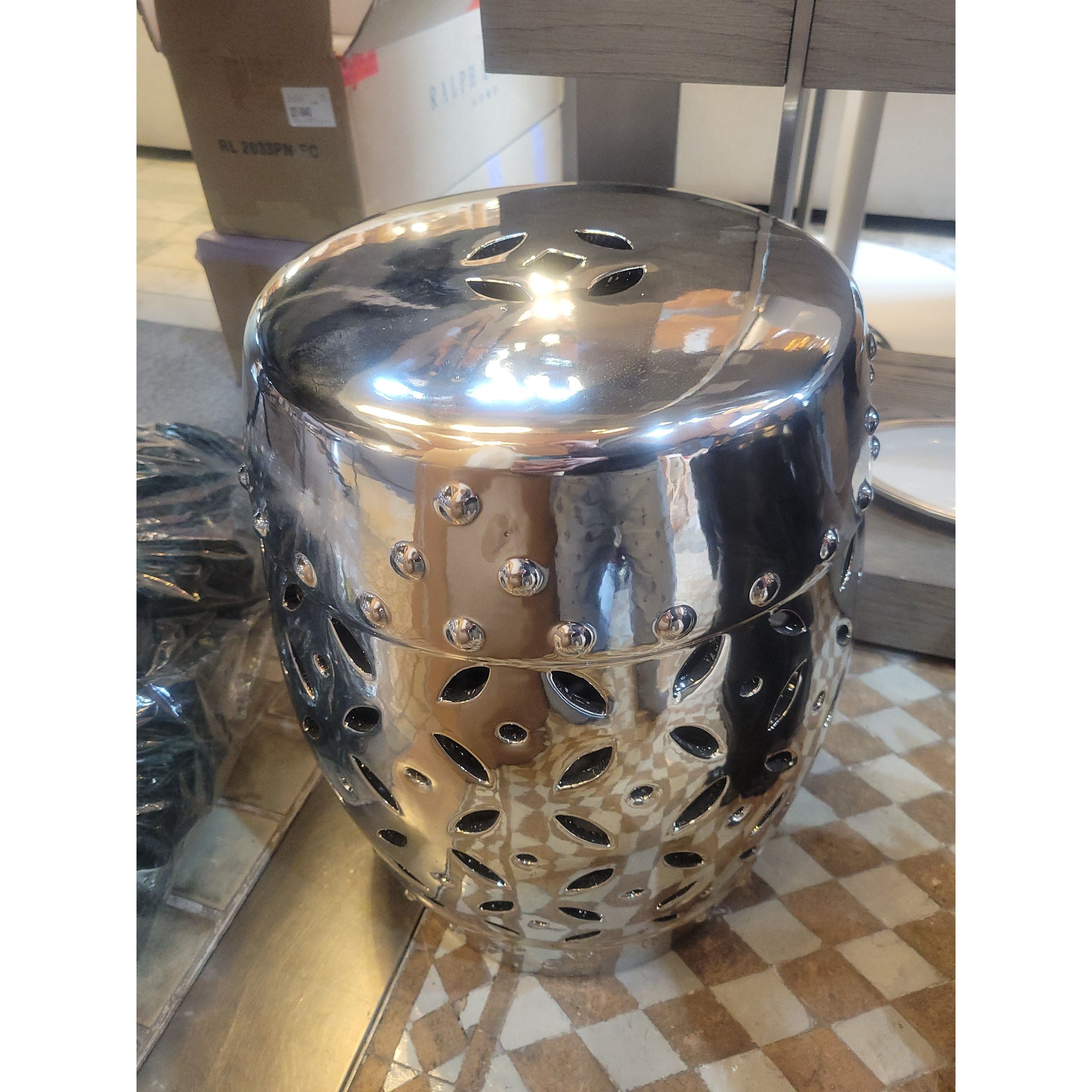 Polished Silver Ceramic Lattice Garden Stool / Table