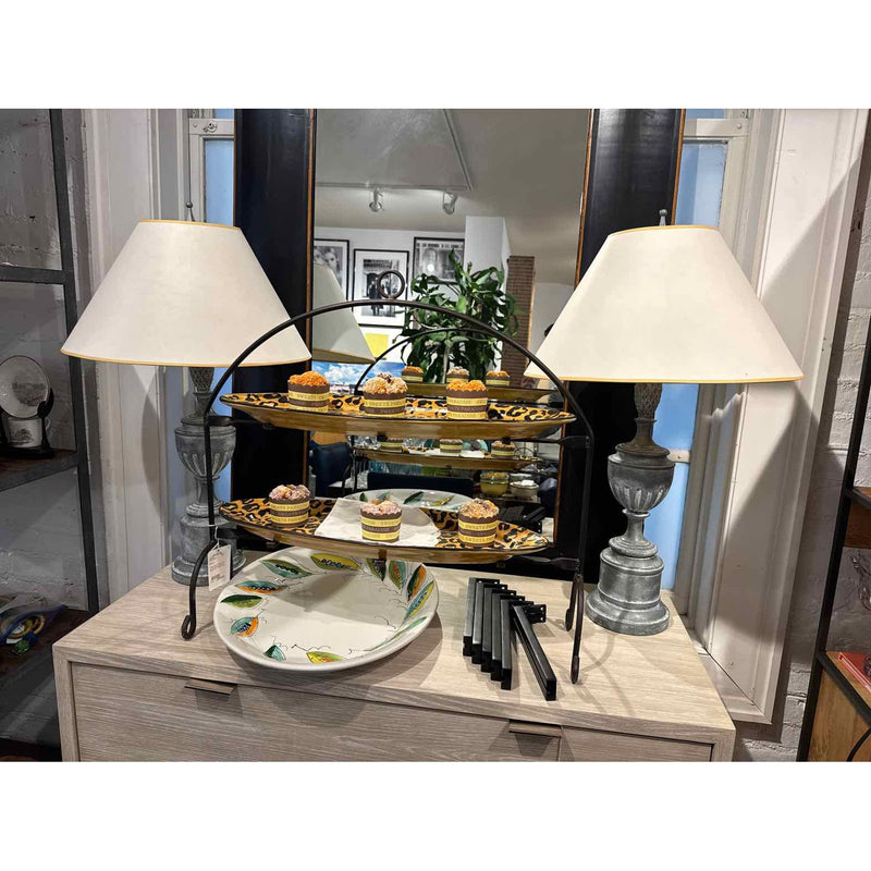 Pair of Grey Metal Urn Lamps w/ Shades