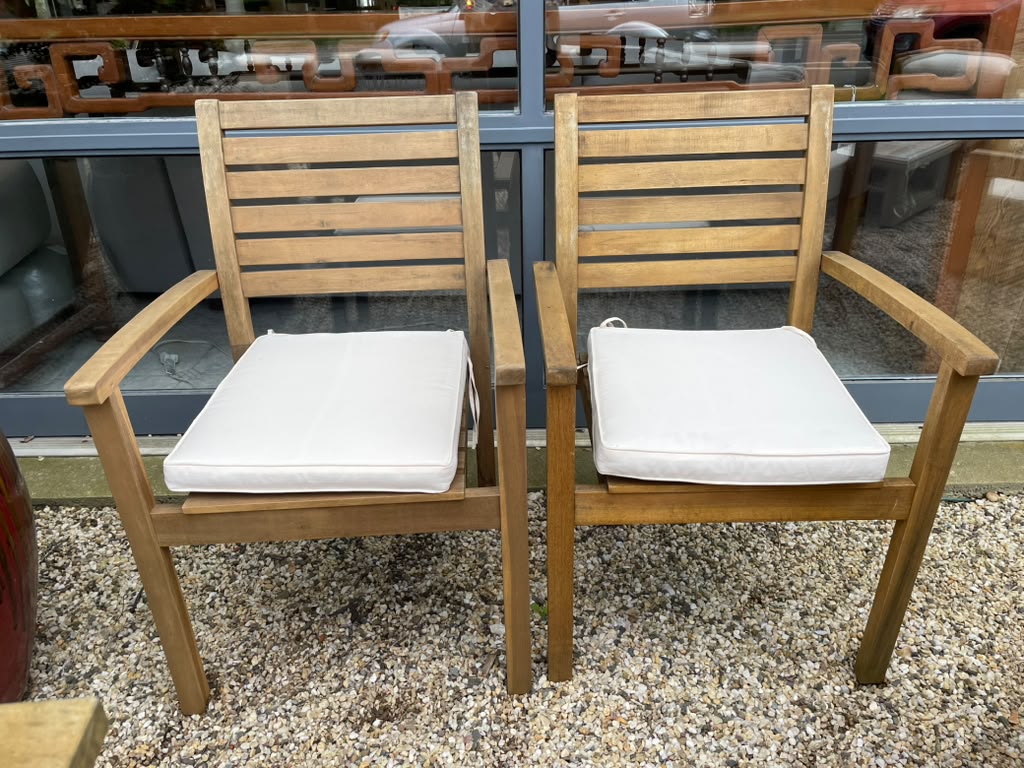 Pair of Teak Outdoor Dining Chair w/ White Cushions