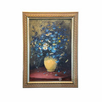Blue Floral Still Life Oil Painting by L. Bobich in Gold Tone Frame
