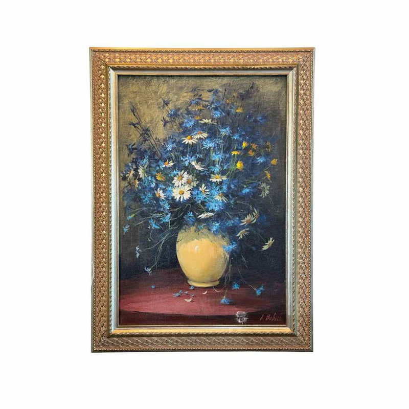 Blue Floral Still Life Oil Painting by L. Bobich in Gold Tone Frame