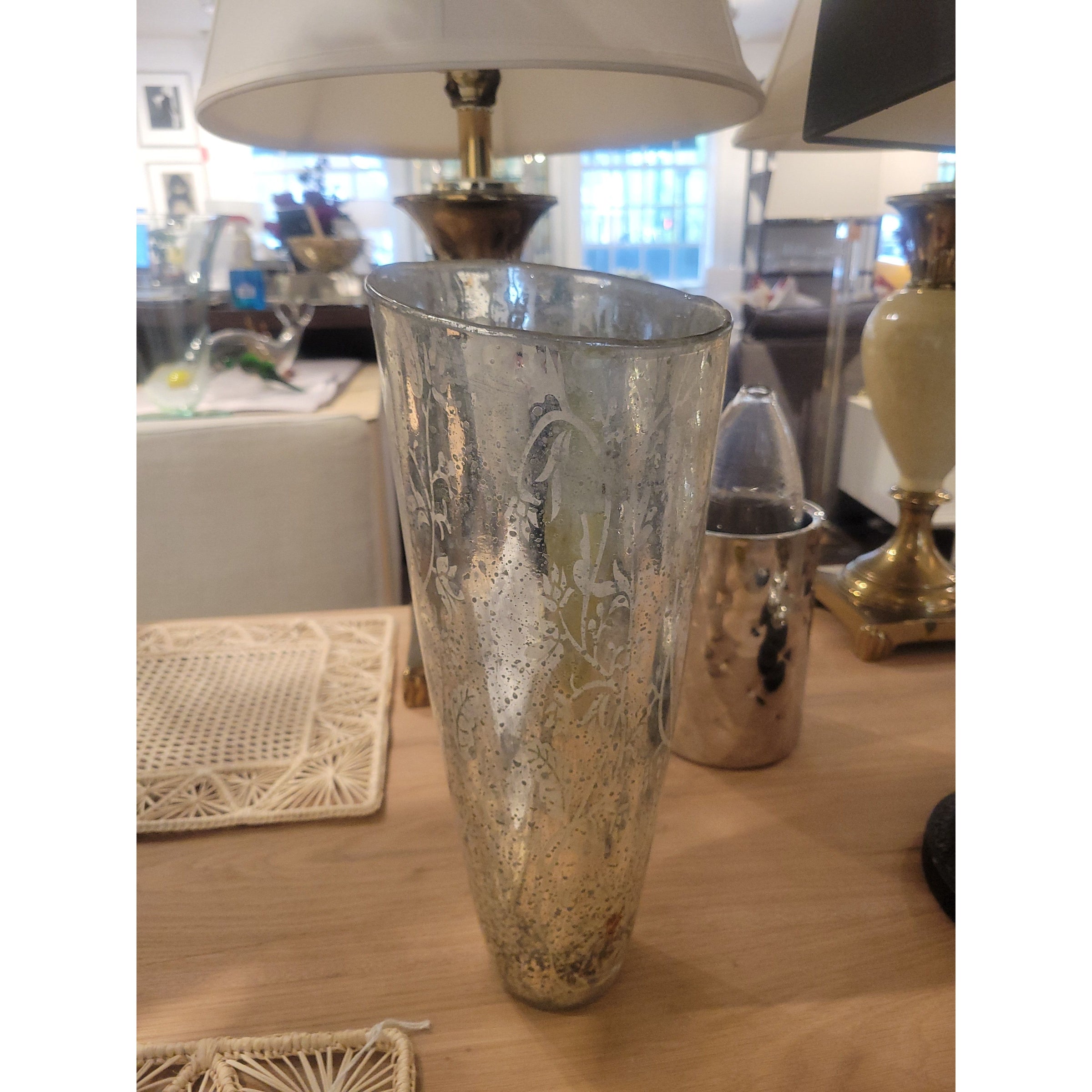 Tall Mercury Glass Etched Vase