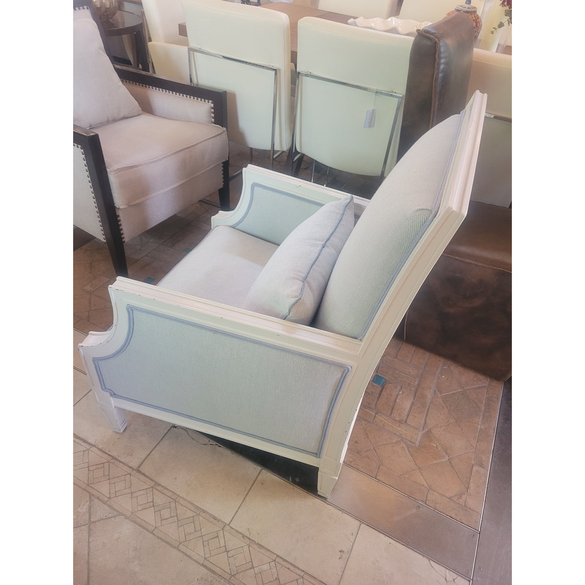 Custom High Back Blue Weave Arm Chair w/ White Wood Frame by Jack Fhillips - colletteconsignment.com