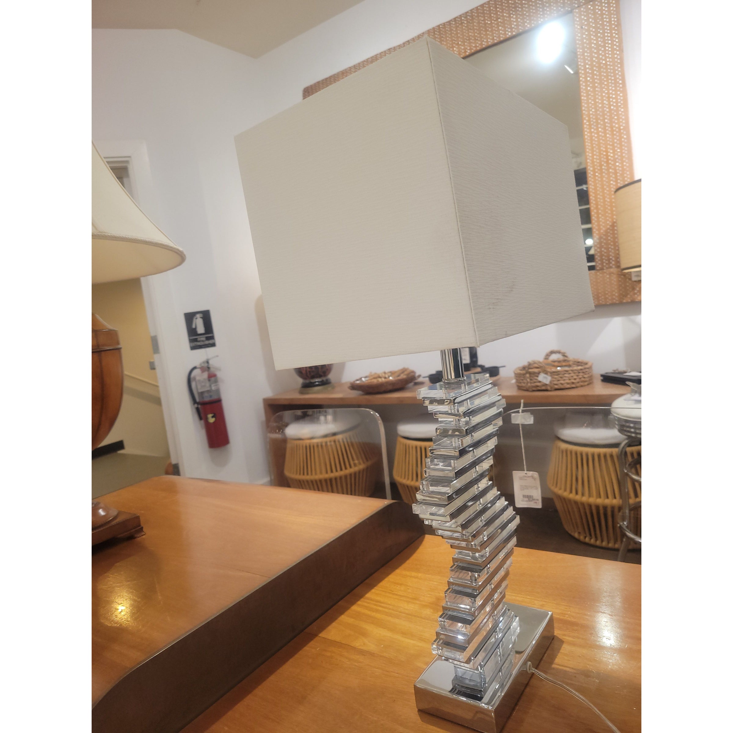 Paved 2-Tone Crystal & Chrome Table Lamp w/ Linen Shade