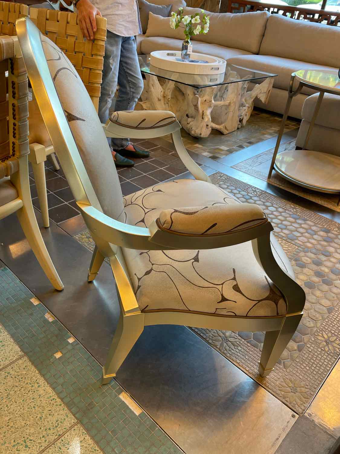 Silver & Brown Leather Oval Arm Chair by John Hutton for Donghia w/ Pillow