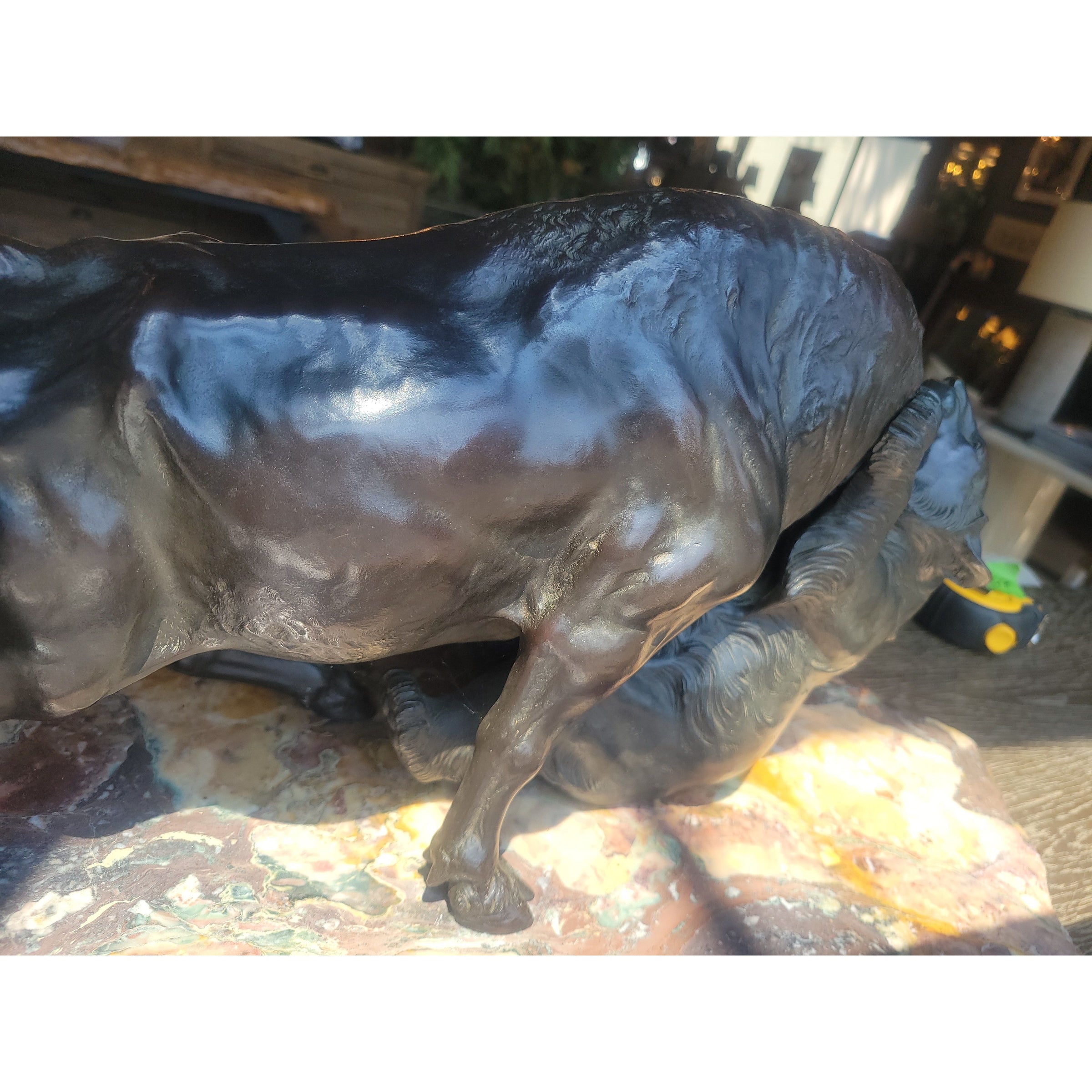 Bronze Bull & Bear Fight Sculpture on Stone Base