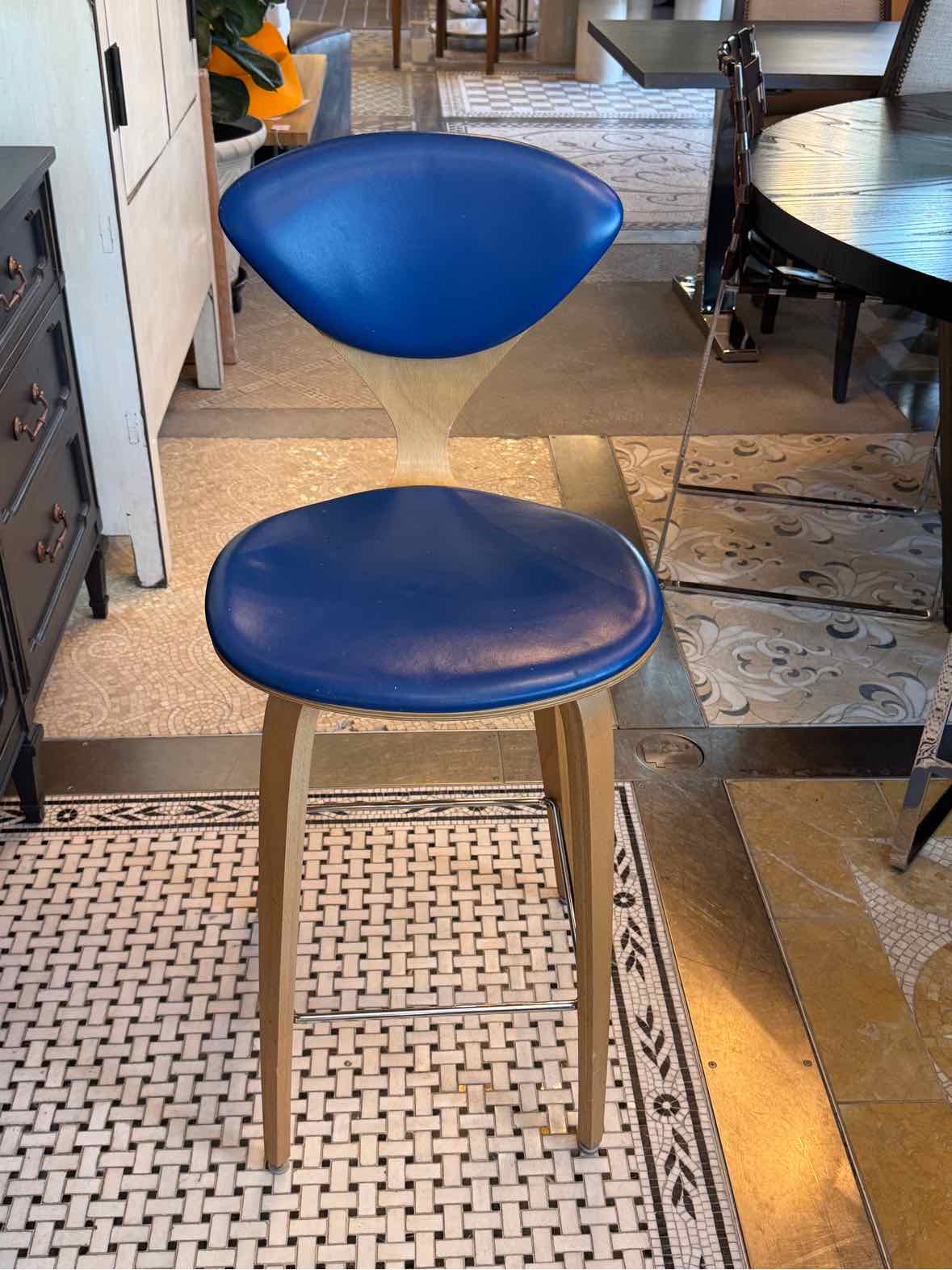 SET of 3 Blue Leather & Wood Counter Stools by Cherner (AS IS)