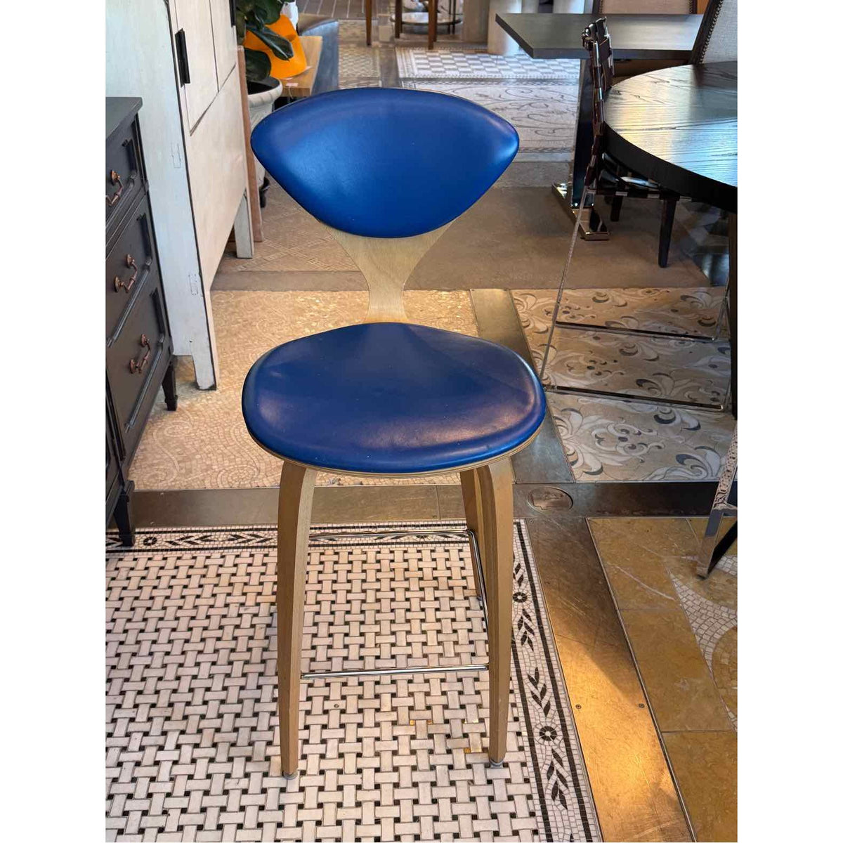 PAIR of Blue Leather & Wood Counter Stools by Cherner (AS IS)
