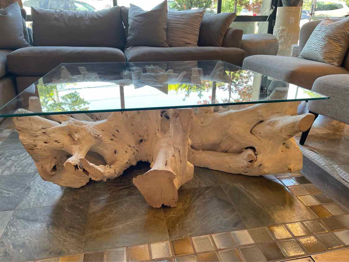 Bleached Teak Live Edge Coffee Table w/ Square Glass Top