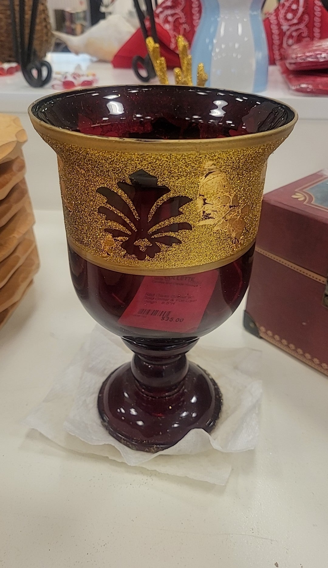 Red Glass Goblet w/ Gold Glitter & Foil Leaf Design